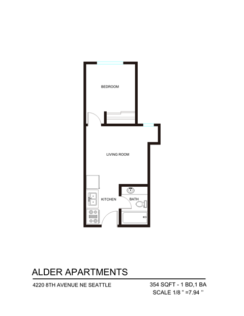 Floor plan for 1 bed, 1 bath, 380 sqft